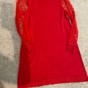 Red Dress with Sheer Polka Dot Sleeves